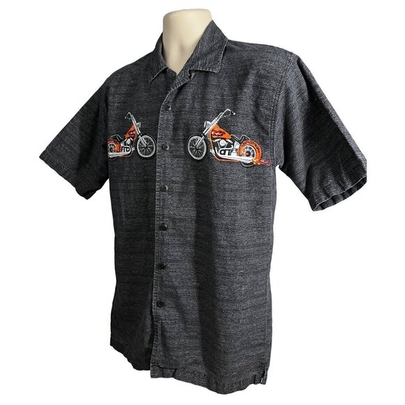No Boundaries Mens Vintage Gray Graphic Button Up Motorcycle Camp Shirt Small - Picture 1 of 8